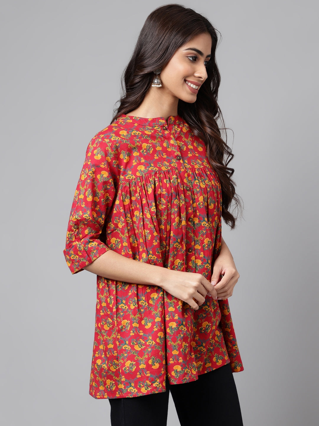 Janasya Women's Red Cotton Floral Printed Casual Empire Tunic | Swadesiicart