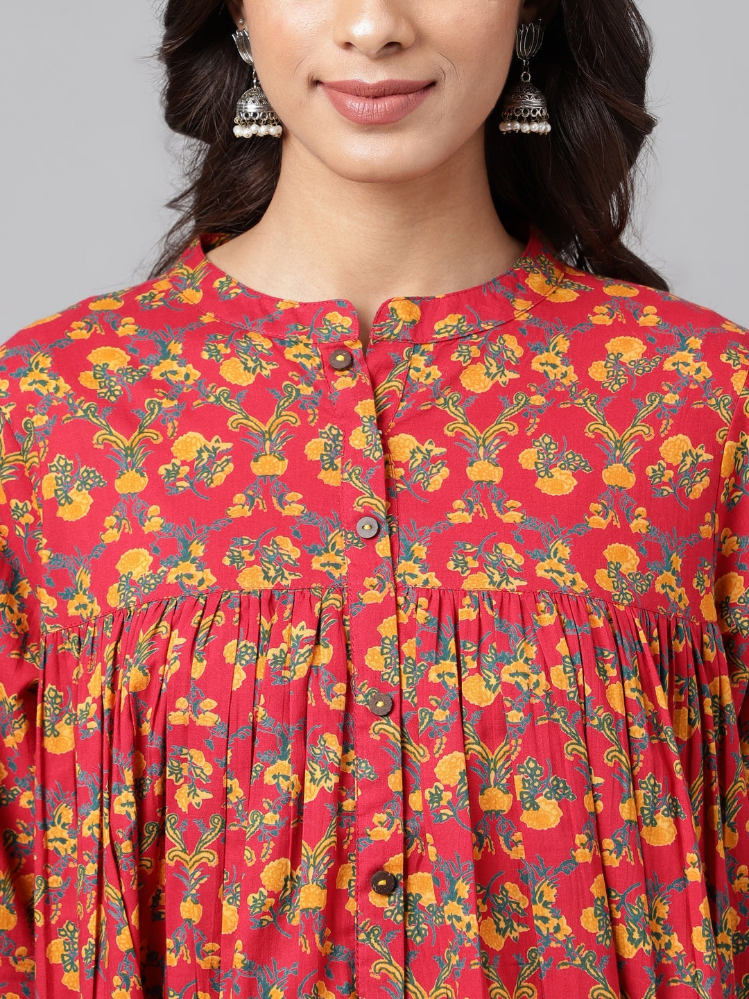 Janasya Women's Red Cotton Floral Printed Casual Empire Tunic | Swadesiicart