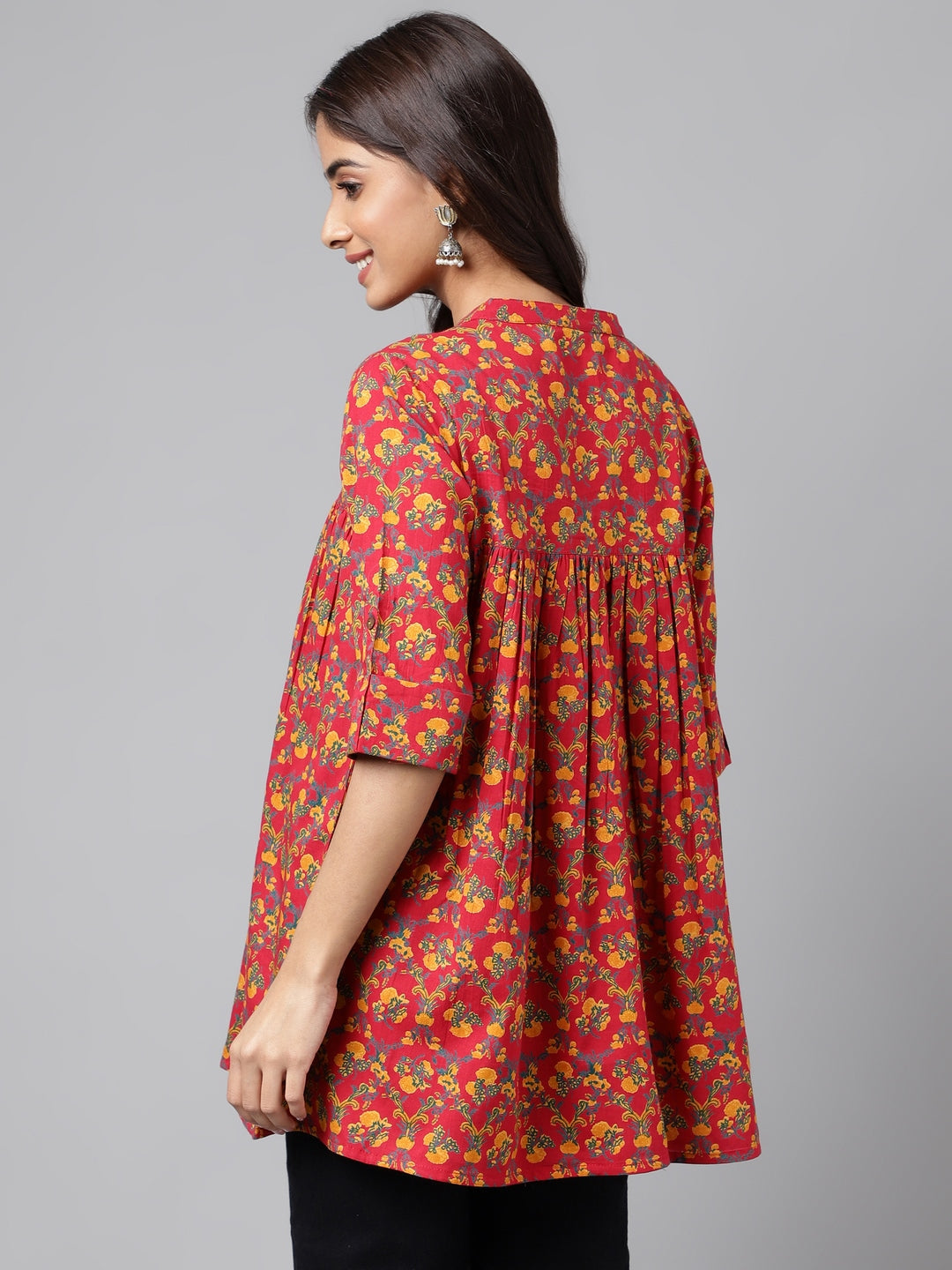 Janasya Women's Red Cotton Floral Printed Casual Empire Tunic | Swadesiicart
