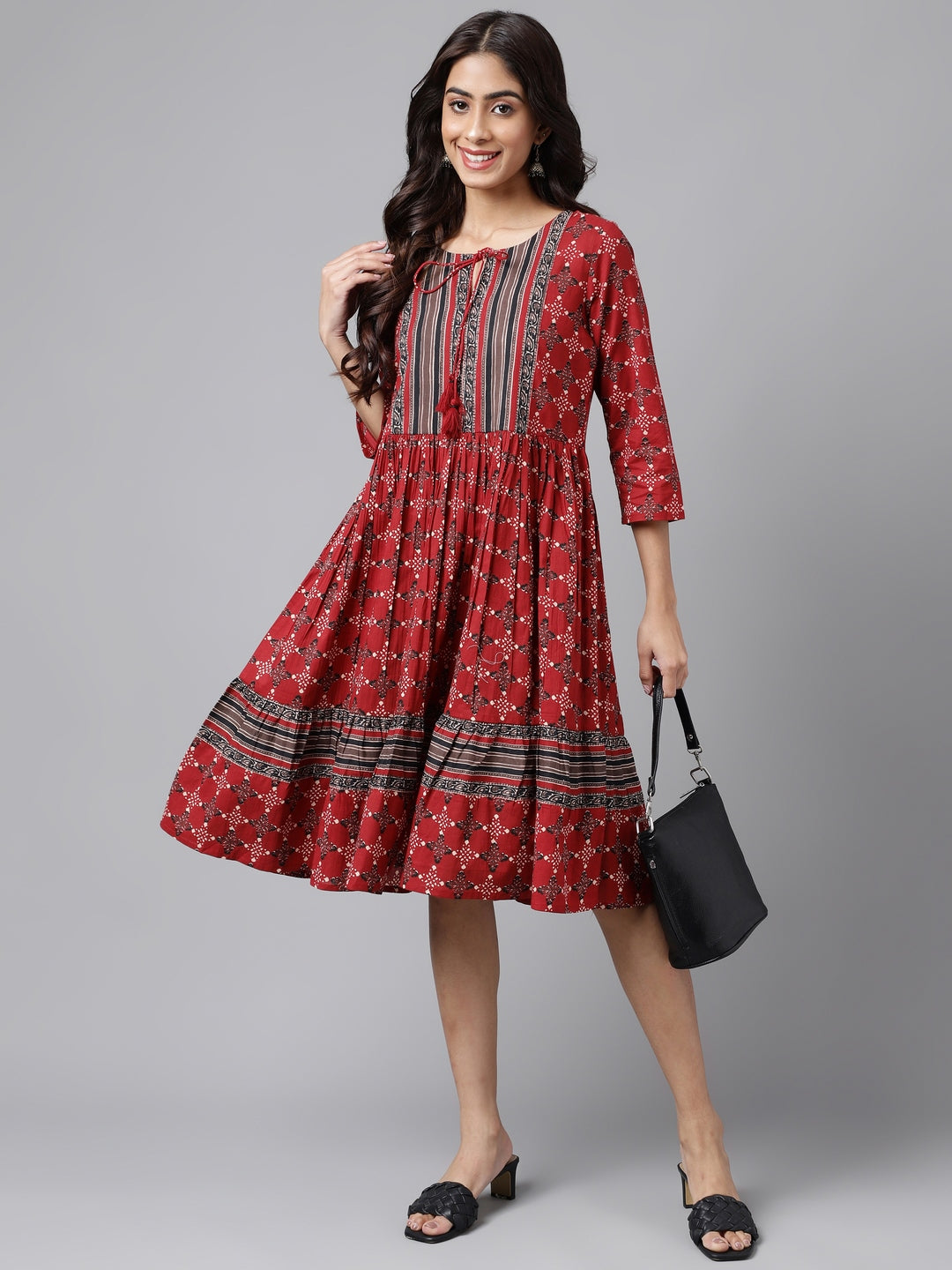 Janasya Women's Maroon Cotton Ethnic Motifs Printed Flared Casual Dress | Swadesiicart