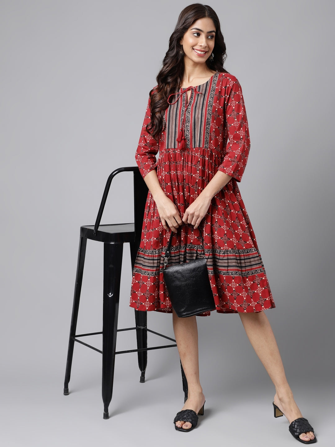 Janasya Women's Maroon Cotton Ethnic Motifs Printed Flared Casual Dress | Swadesiicart