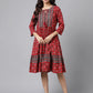 Janasya Women's Maroon Cotton Ethnic Motifs Printed Flared Casual Dress | Swadesiicart