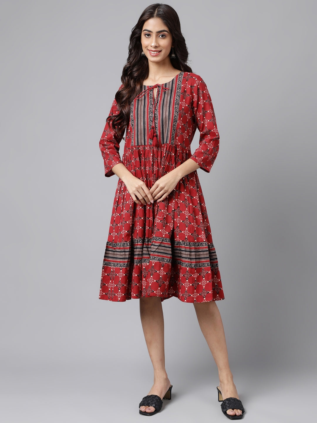 Janasya Women's Maroon Cotton Ethnic Motifs Printed Flared Casual Dress | Swadesiicart