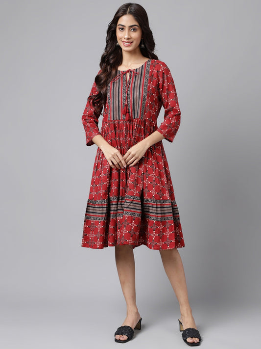 Janasya Women's Maroon Cotton Ethnic Motifs Printed Flared Casual Dress | Swadesiicart