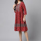 Janasya Women's Maroon Cotton Ethnic Motifs Printed Flared Casual Dress | Swadesiicart