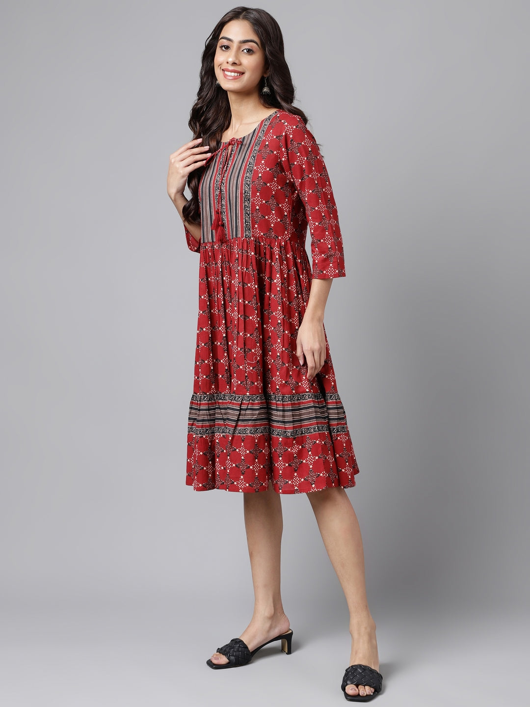 Janasya Women's Maroon Cotton Ethnic Motifs Printed Flared Casual Dress | Swadesiicart
