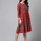 Janasya Women's Maroon Cotton Ethnic Motifs Printed Flared Casual Dress | Swadesiicart