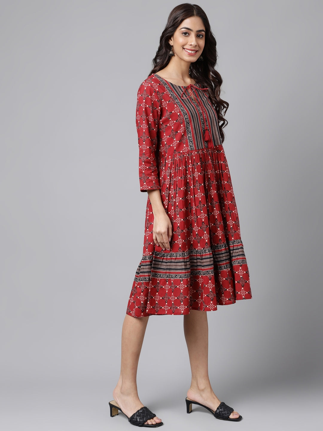 Janasya Women's Maroon Cotton Ethnic Motifs Printed Flared Casual Dress | Swadesiicart