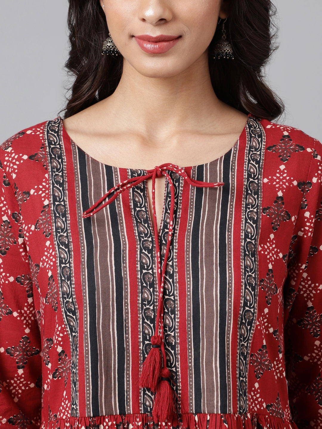 Janasya Women's Maroon Cotton Ethnic Motifs Printed Flared Casual Dress | Swadesiicart