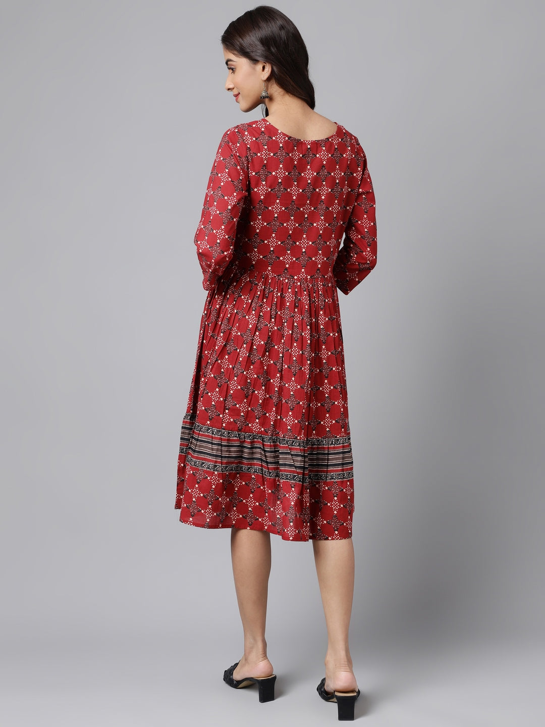 Janasya Women's Maroon Cotton Ethnic Motifs Printed Flared Casual Dress | Swadesiicart