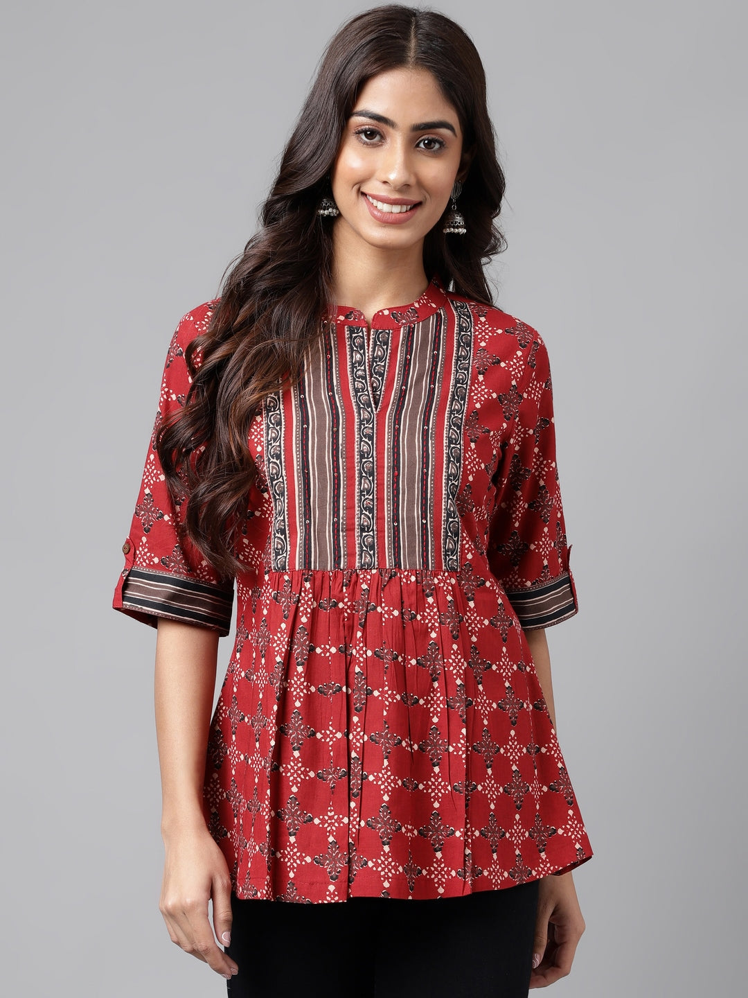 Janasya Women's Maroon Cotton Ethnic Motifs Casual A-Line Top | Swadesiicart