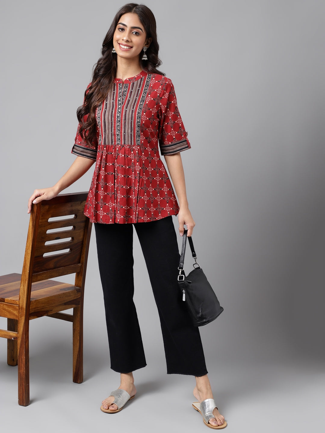 Janasya Women's Maroon Cotton Ethnic Motifs Casual A-Line Top | Swadesiicart