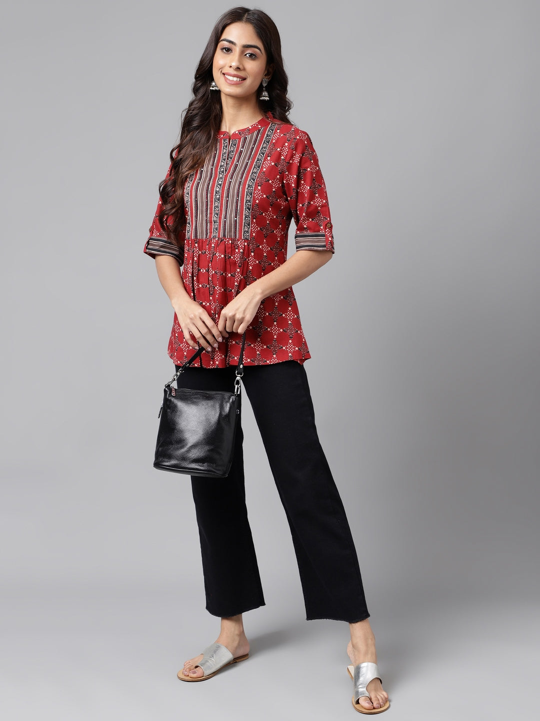 Janasya Women's Maroon Cotton Ethnic Motifs Casual A-Line Top | Swadesiicart