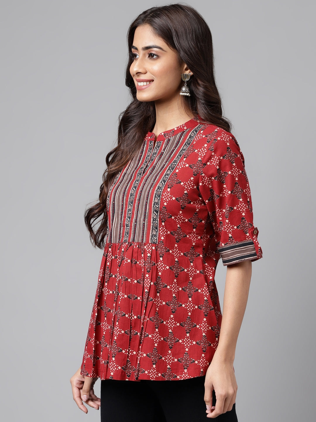 Janasya Women's Maroon Cotton Ethnic Motifs Casual A-Line Top | Swadesiicart