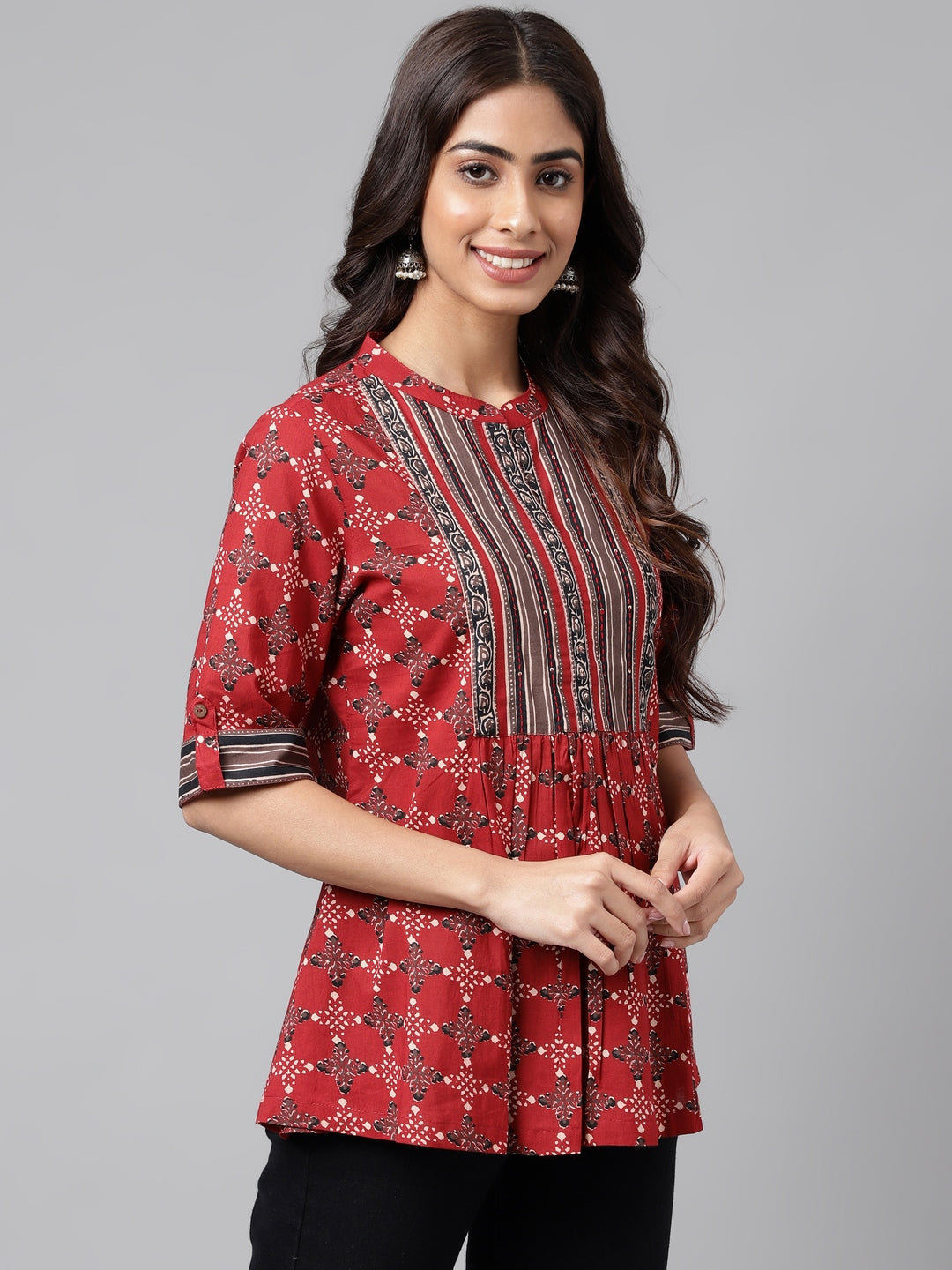 Janasya Women's Maroon Cotton Ethnic Motifs Casual A-Line Top | Swadesiicart