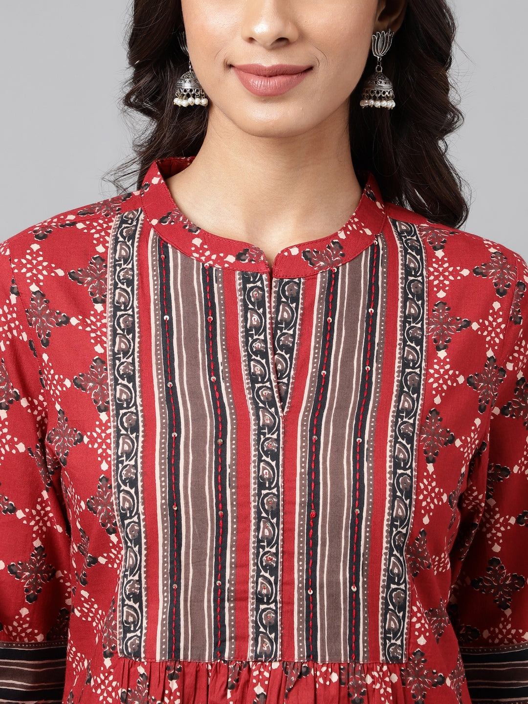 Janasya Women's Maroon Cotton Ethnic Motifs Casual A-Line Top | Swadesiicart
