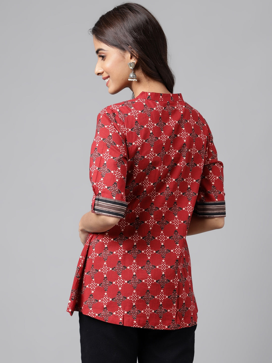 Janasya Women's Maroon Cotton Ethnic Motifs Casual A-Line Top | Swadesiicart