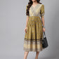 Janasya Women's Olive Green Cotton Floral Printed Gathered Casual Dress | Swadesiicart
