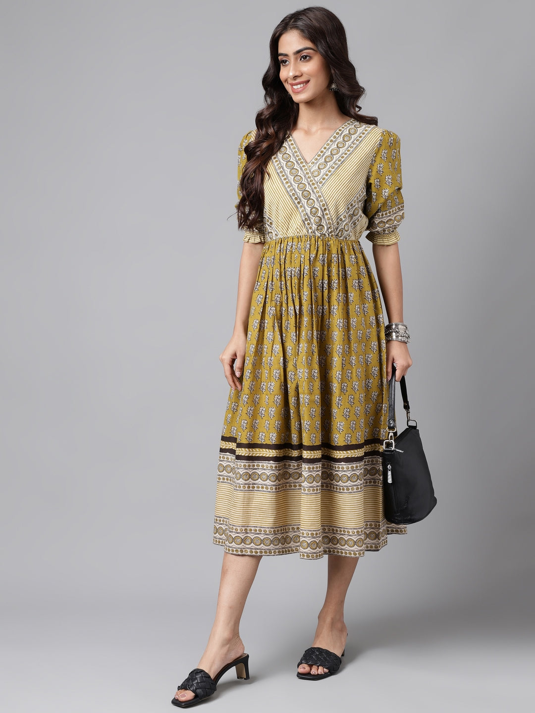 Janasya Women's Olive Green Cotton Floral Printed Gathered Casual Dress | Swadesiicart