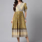 Janasya Women's Olive Green Cotton Floral Printed Gathered Casual Dress | Swadesiicart