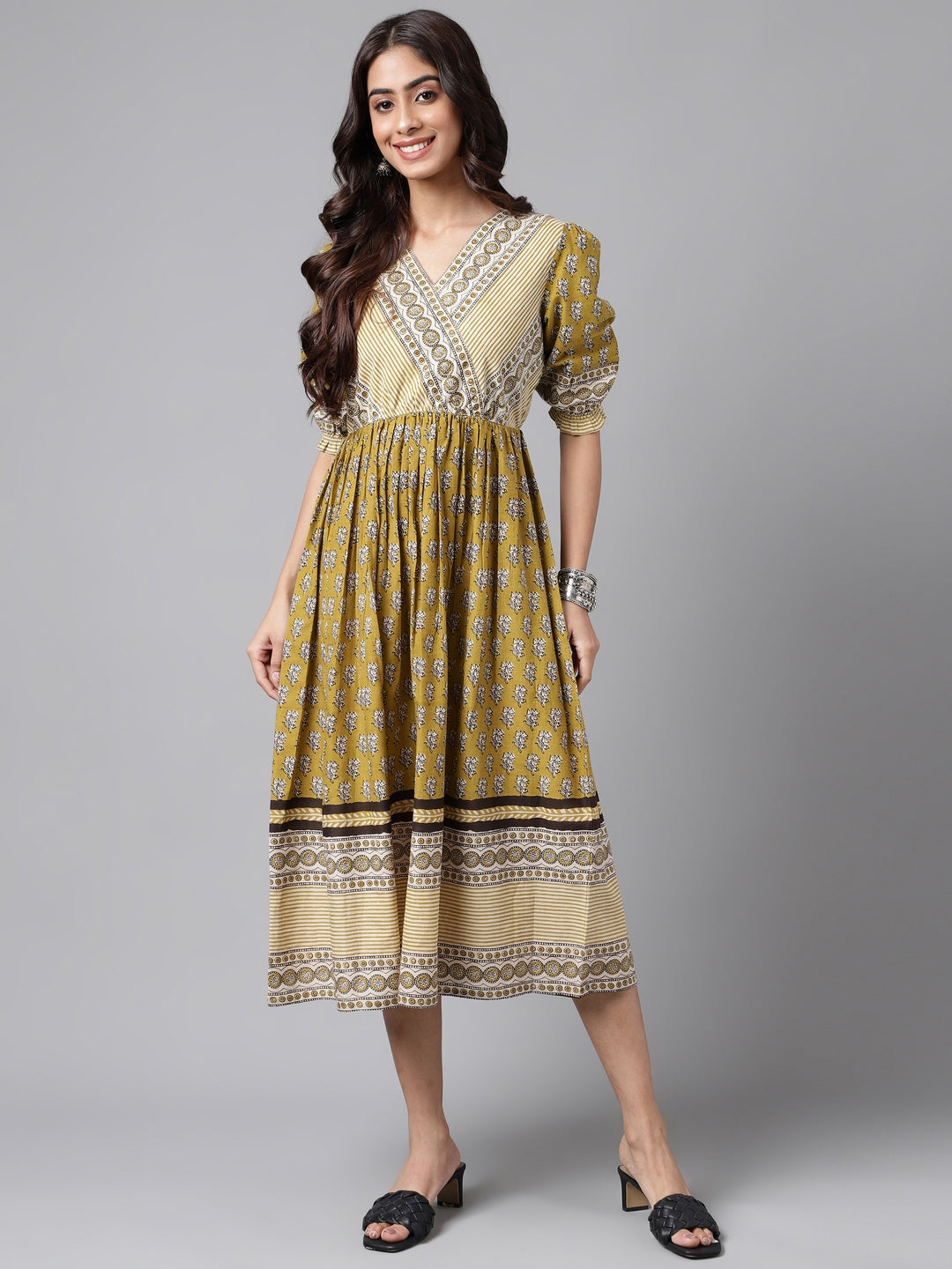 Janasya Women's Olive Green Cotton Floral Printed Gathered Casual Dress | Swadesiicart