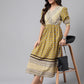 Janasya Women's Olive Green Cotton Floral Printed Gathered Casual Dress | Swadesiicart