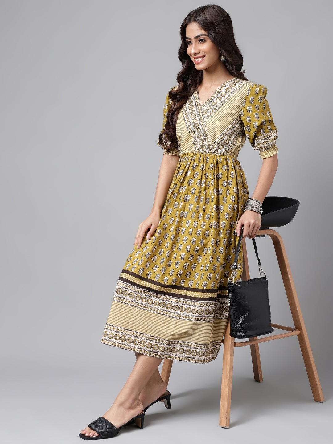 Janasya Women's Olive Green Cotton Floral Printed Gathered Casual Dress | Swadesiicart