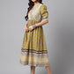 Janasya Women's Olive Green Cotton Floral Printed Gathered Casual Dress | Swadesiicart