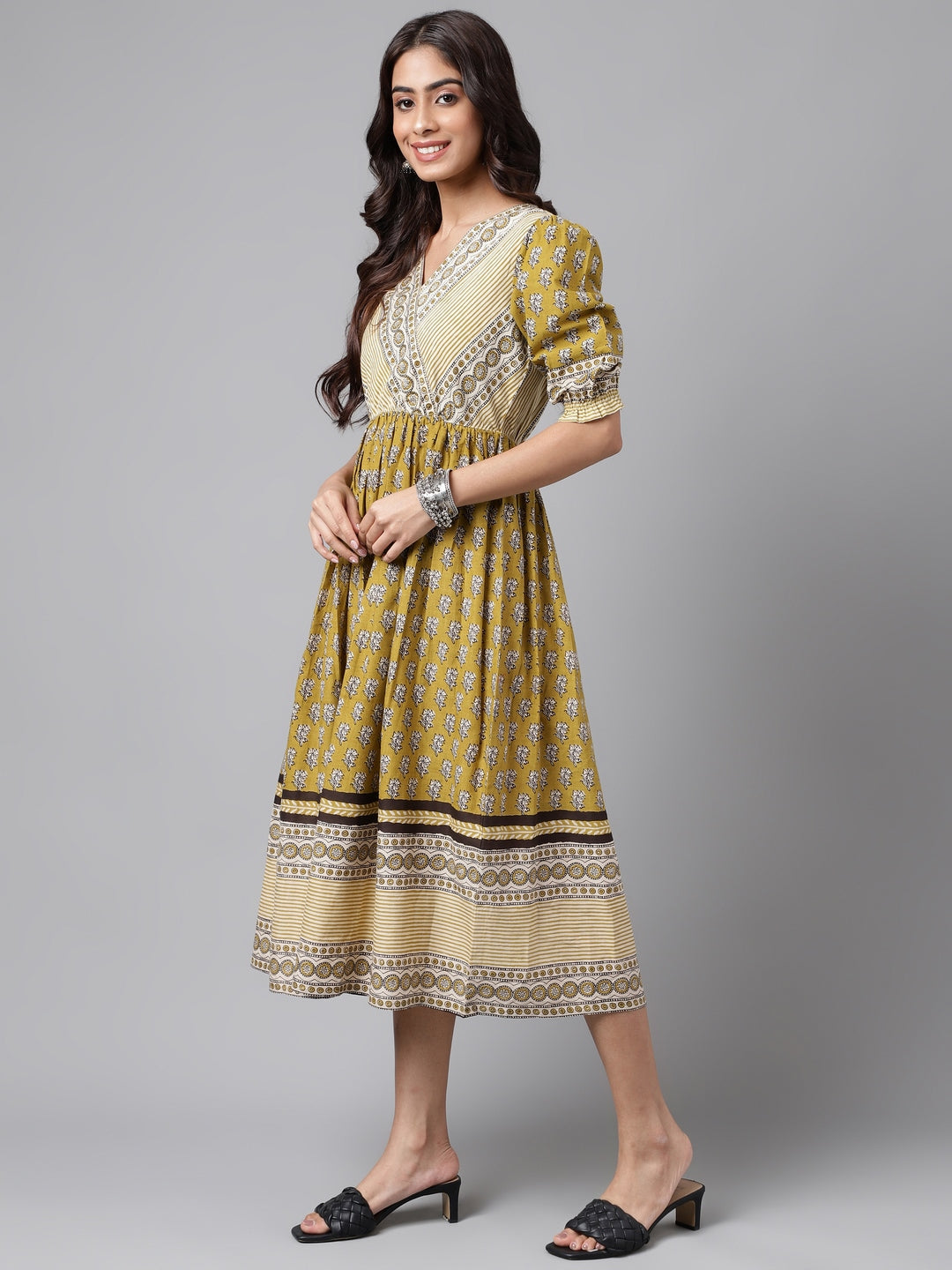 Janasya Women's Olive Green Cotton Floral Printed Gathered Casual Dress | Swadesiicart