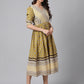Janasya Women's Olive Green Cotton Floral Printed Gathered Casual Dress | Swadesiicart