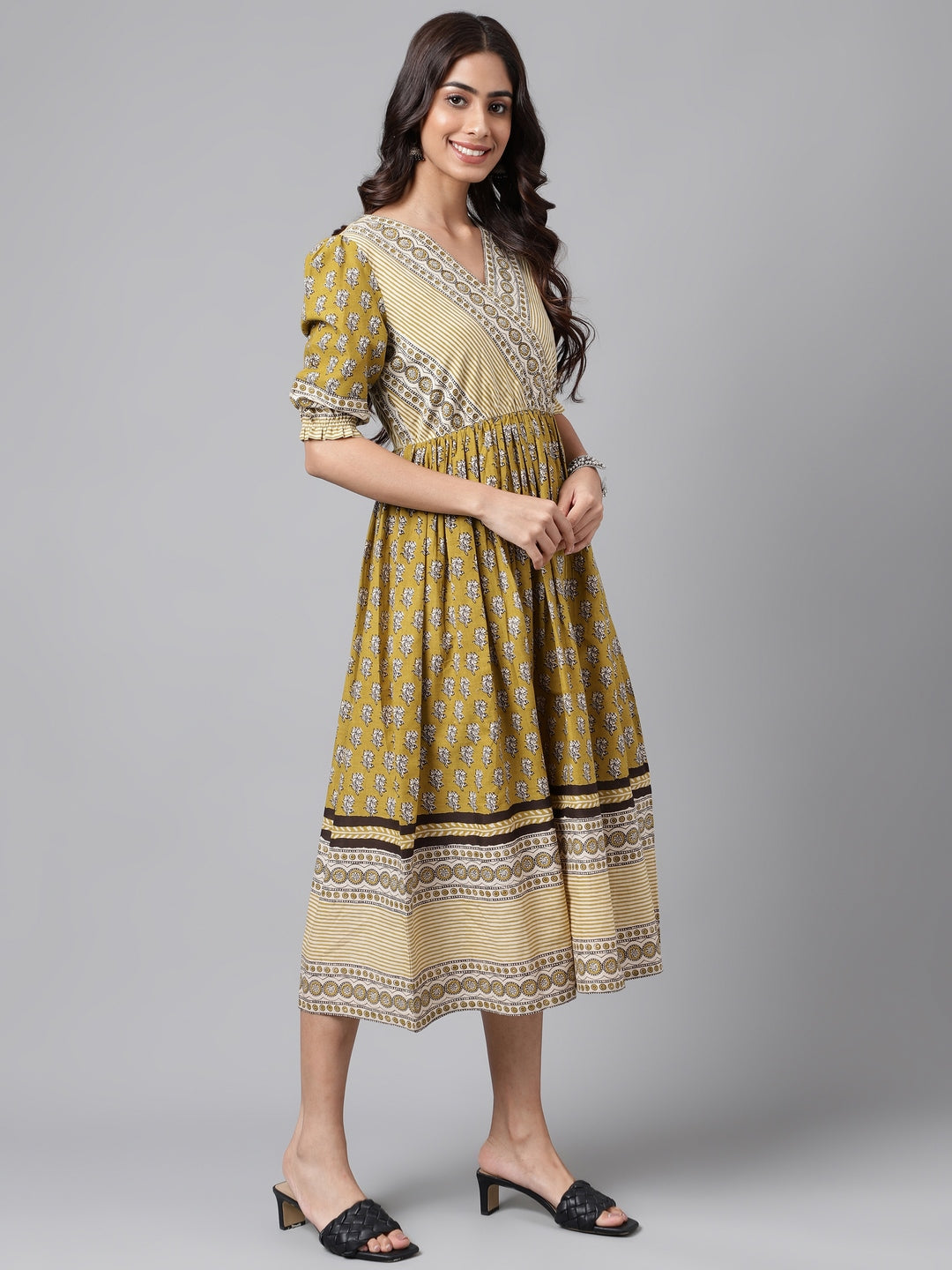 Janasya Women's Olive Green Cotton Floral Printed Gathered Casual Dress | Swadesiicart