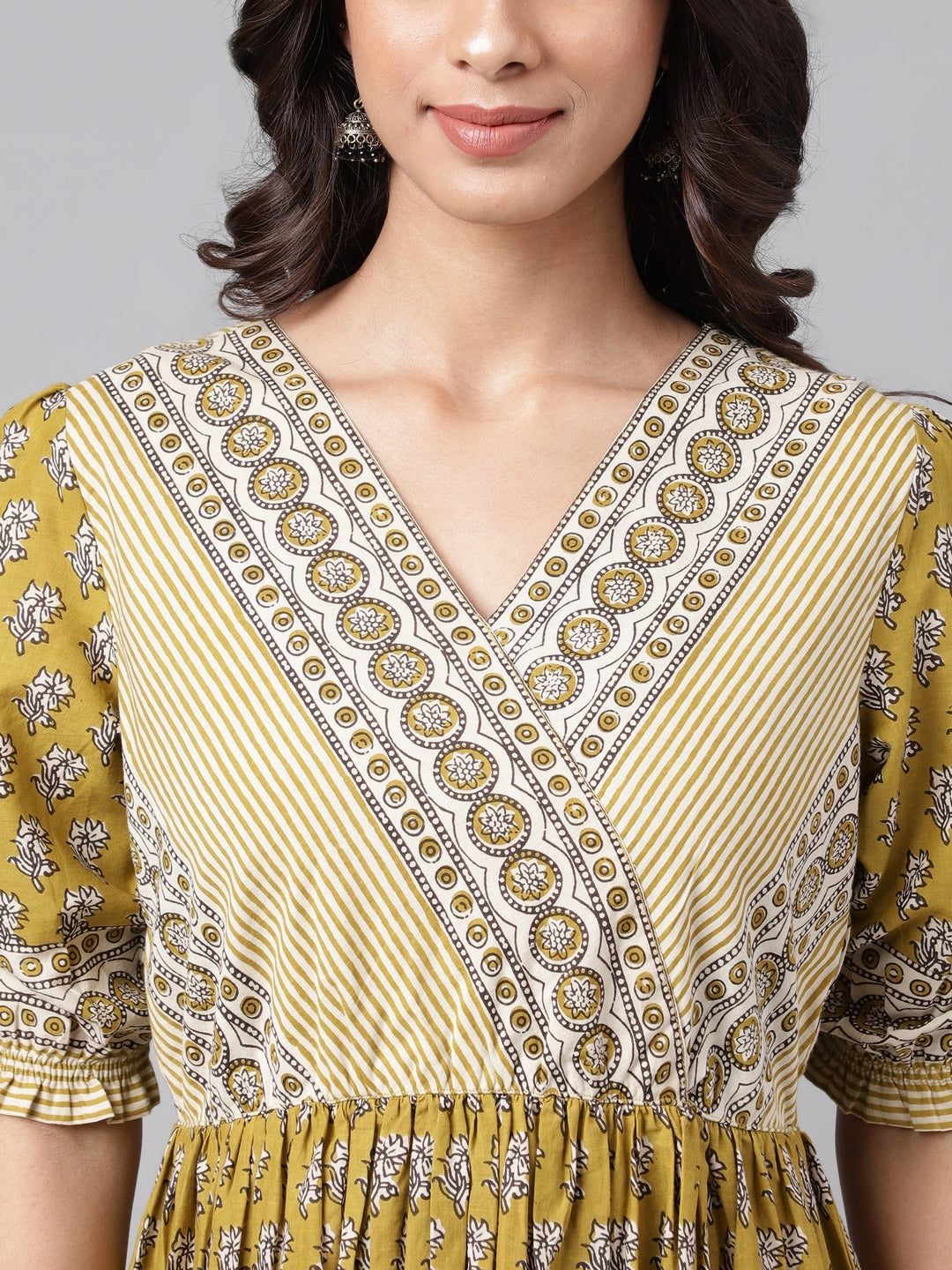 Janasya Women's Olive Green Cotton Floral Printed Gathered Casual Dress | Swadesiicart