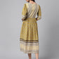 Janasya Women's Olive Green Cotton Floral Printed Gathered Casual Dress | Swadesiicart