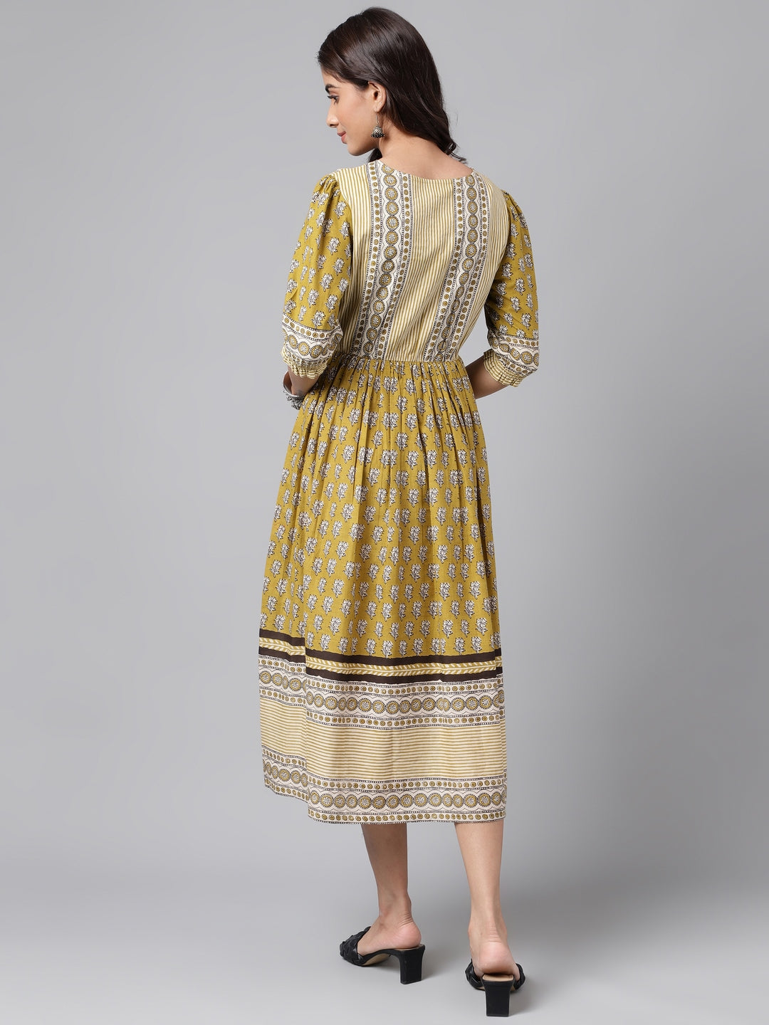 Janasya Women's Olive Green Cotton Floral Printed Gathered Casual Dress | Swadesiicart