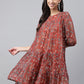 Janasya Women's Rust Chiffon Lurex Floral Printed Tiered Casual Dress | Swadesiicart