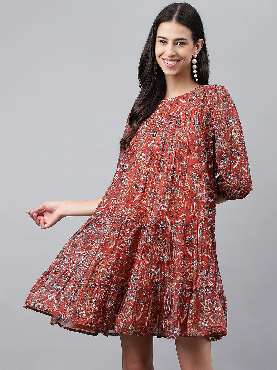Janasya Women's Rust Chiffon Lurex Floral Printed Tiered Casual Dress | Swadesiicart