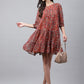 Janasya Women's Rust Chiffon Lurex Floral Printed Tiered Casual Dress | Swadesiicart