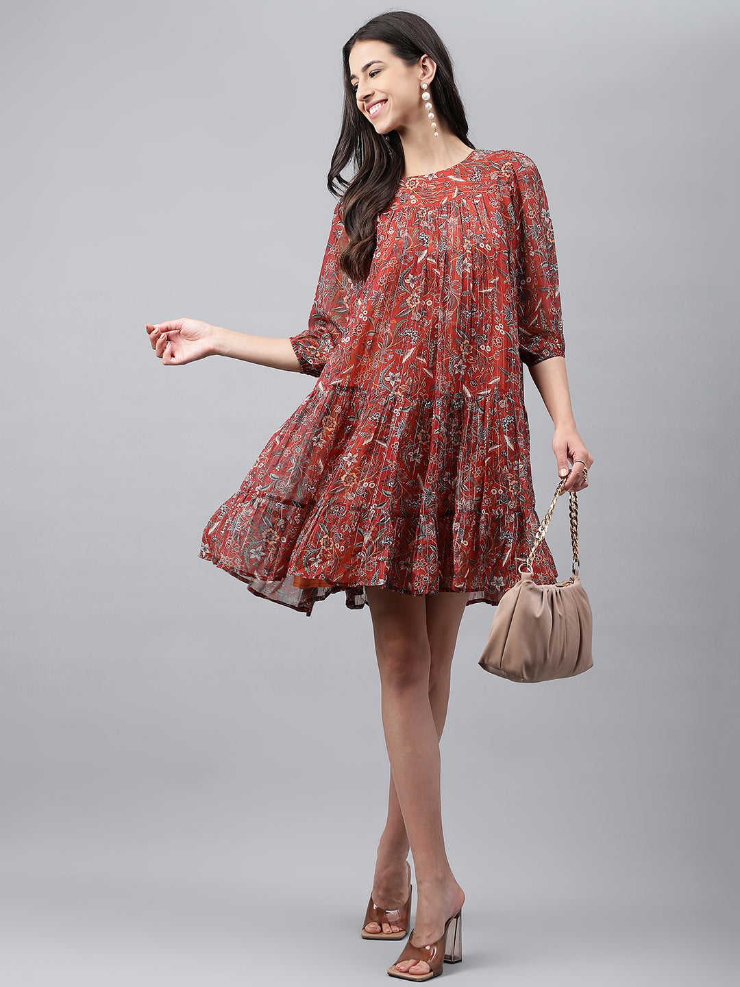 Janasya Women's Rust Chiffon Lurex Floral Printed Tiered Casual Dress | Swadesiicart