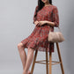 Janasya Women's Rust Chiffon Lurex Floral Printed Tiered Casual Dress | Swadesiicart