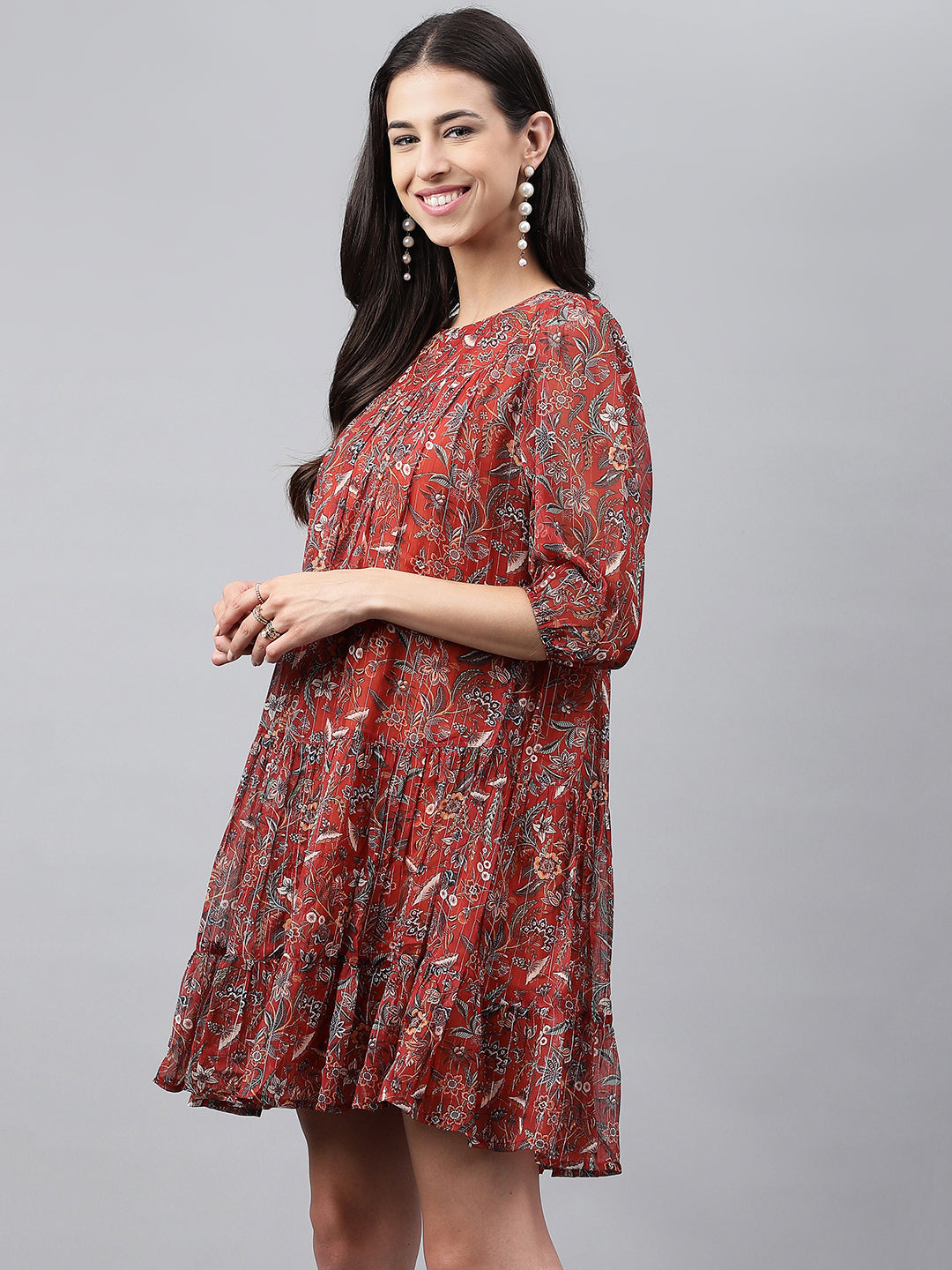 Janasya Women's Rust Chiffon Lurex Floral Printed Tiered Casual Dress | Swadesiicart