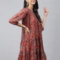 Janasya Women's Rust Chiffon Lurex Floral Printed Tiered Casual Dress | Swadesiicart