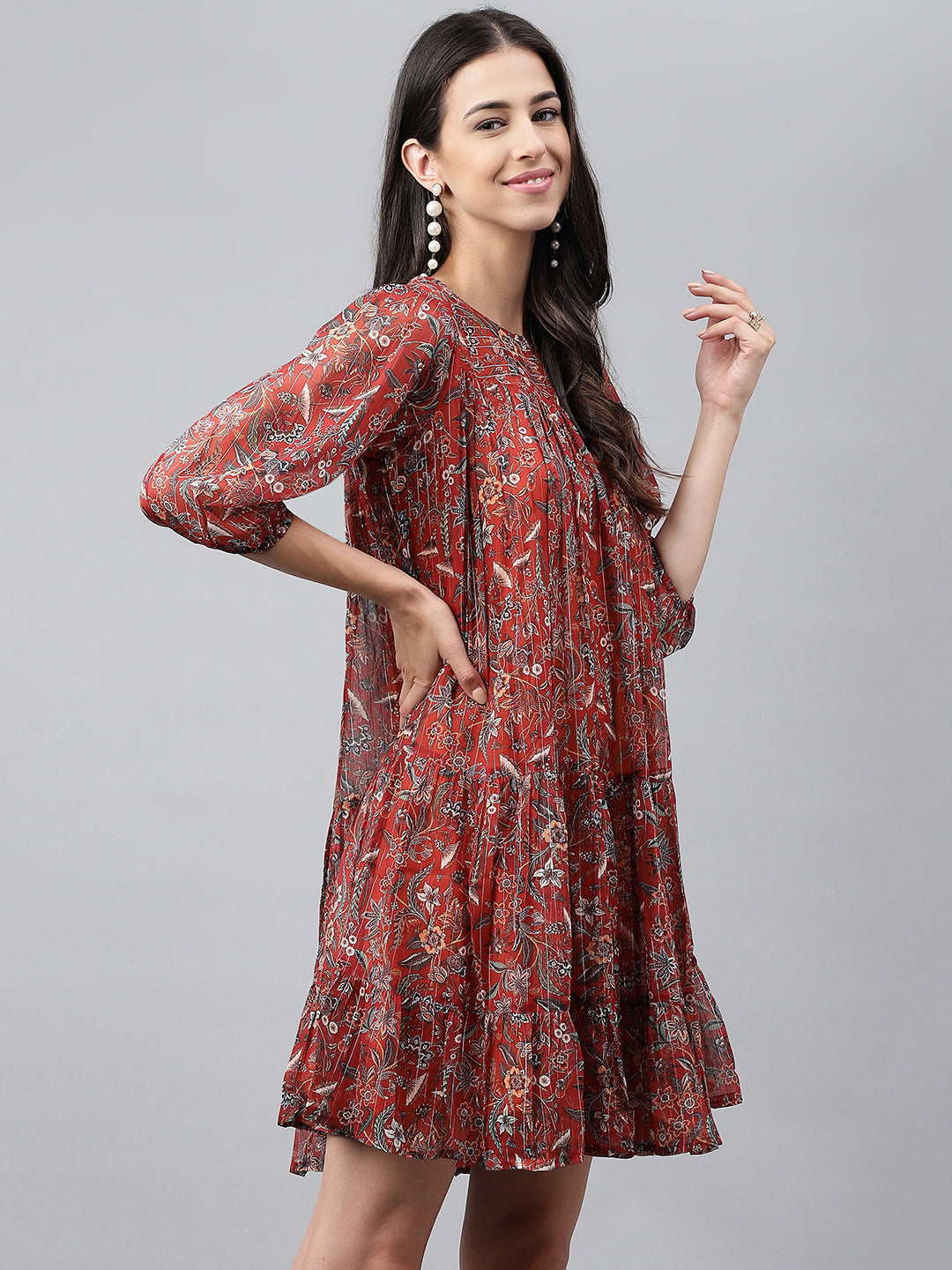 Janasya Women's Rust Chiffon Lurex Floral Printed Tiered Casual Dress | Swadesiicart