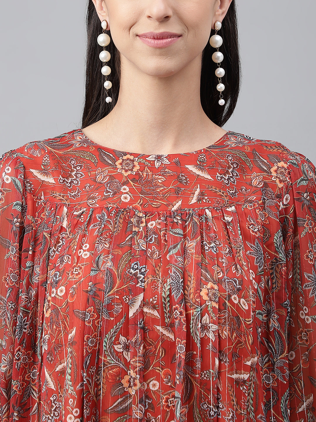 Janasya Women's Rust Chiffon Lurex Floral Printed Tiered Casual Dress | Swadesiicart