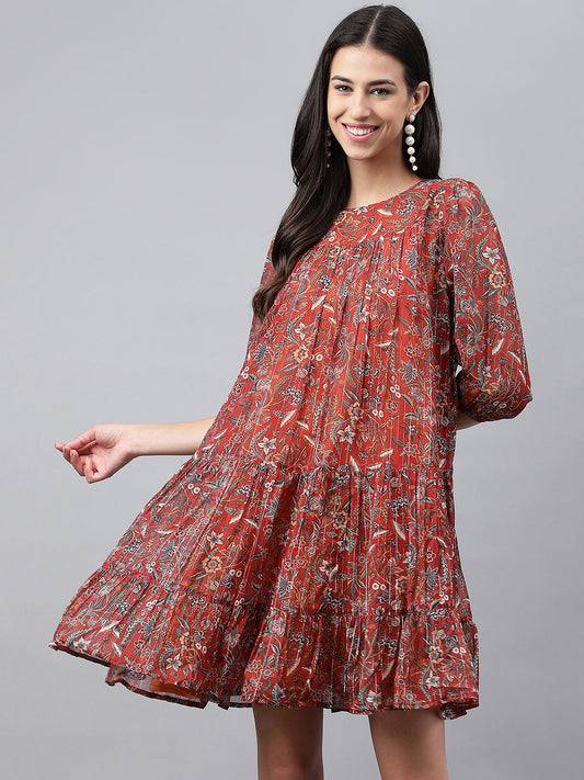 Janasya Women's Rust Chiffon Lurex Floral Printed Tiered Casual Dress | Swadesiicart