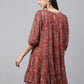 Janasya Women's Rust Chiffon Lurex Floral Printed Tiered Casual Dress | Swadesiicart