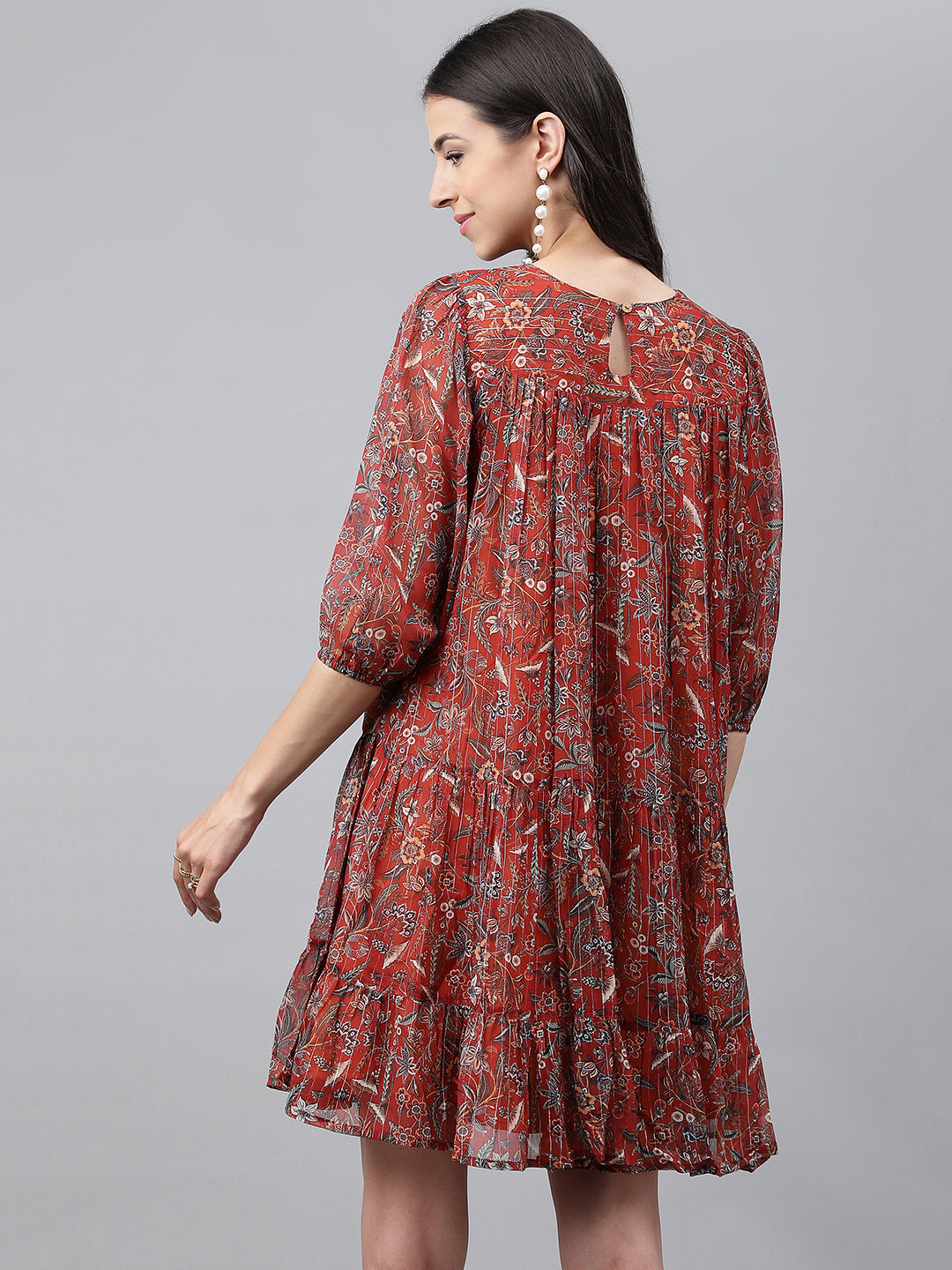 Janasya Women's Rust Chiffon Lurex Floral Printed Tiered Casual Dress | Swadesiicart