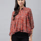 Janasya Women's Rust Chiffon Lurex Digital Printed Casual Flared Top | Swadesiicart