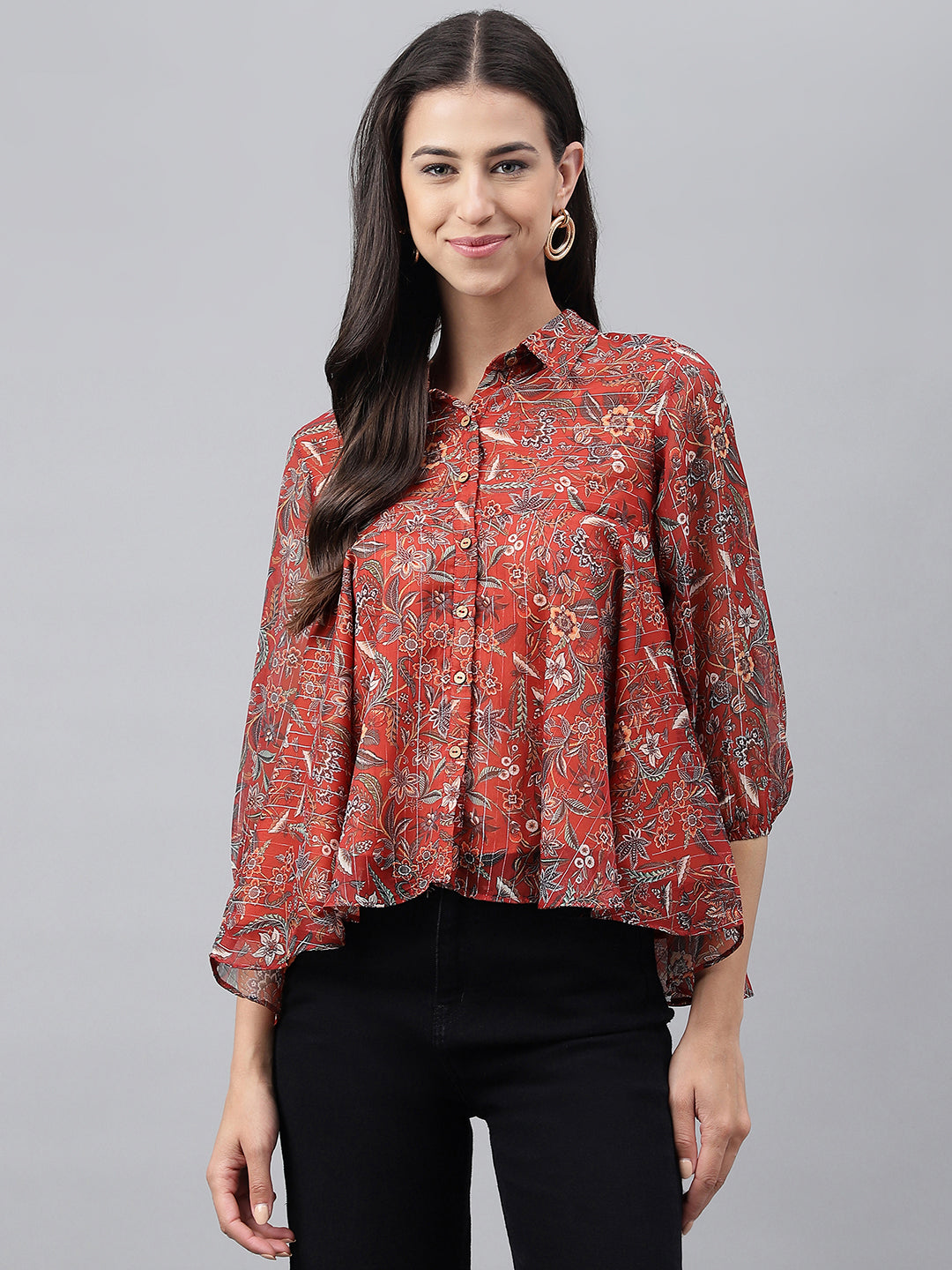 Janasya Women's Rust Chiffon Lurex Digital Printed Casual Flared Top | Swadesiicart