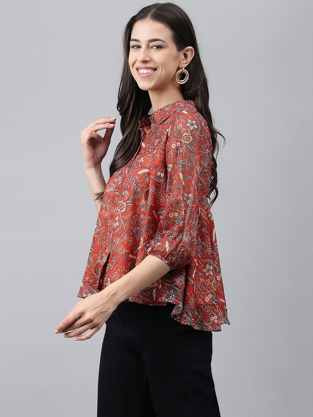 Janasya Women's Rust Chiffon Lurex Digital Printed Casual Flared Top | Swadesiicart