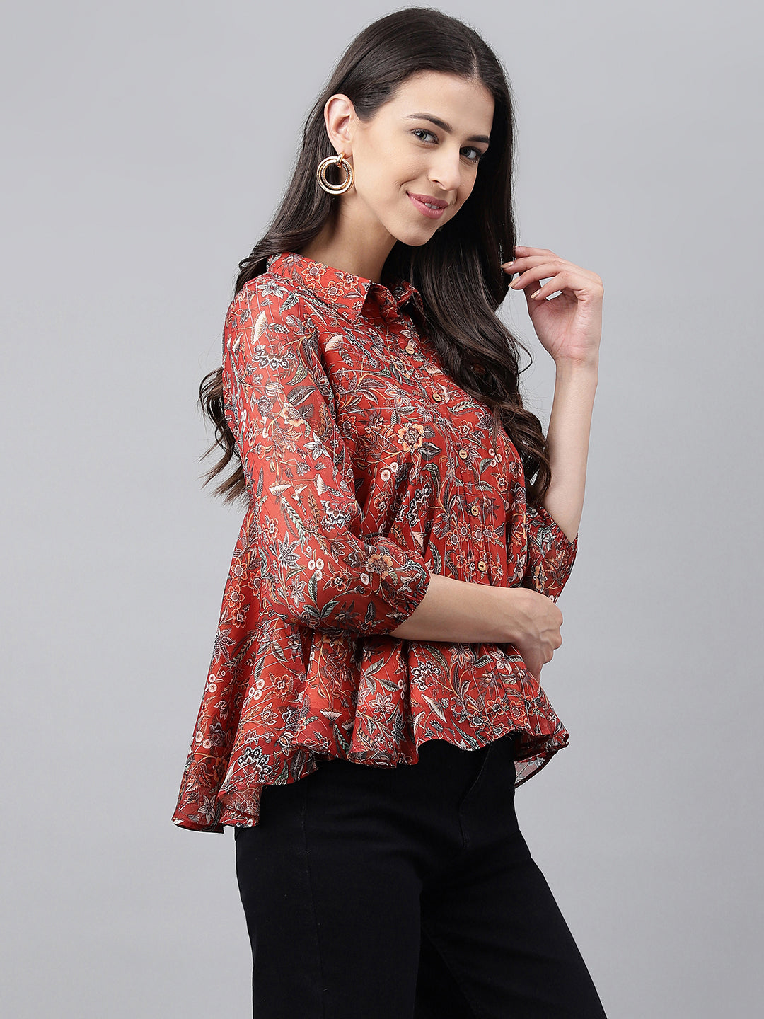 Janasya Women's Rust Chiffon Lurex Digital Printed Casual Flared Top | Swadesiicart